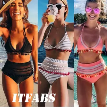 

2019 Lady High Waist Bikini Set Push-up Bra Mesh Beach Swim suit Bathing Suit Swimwear Women Printing Suits Sets