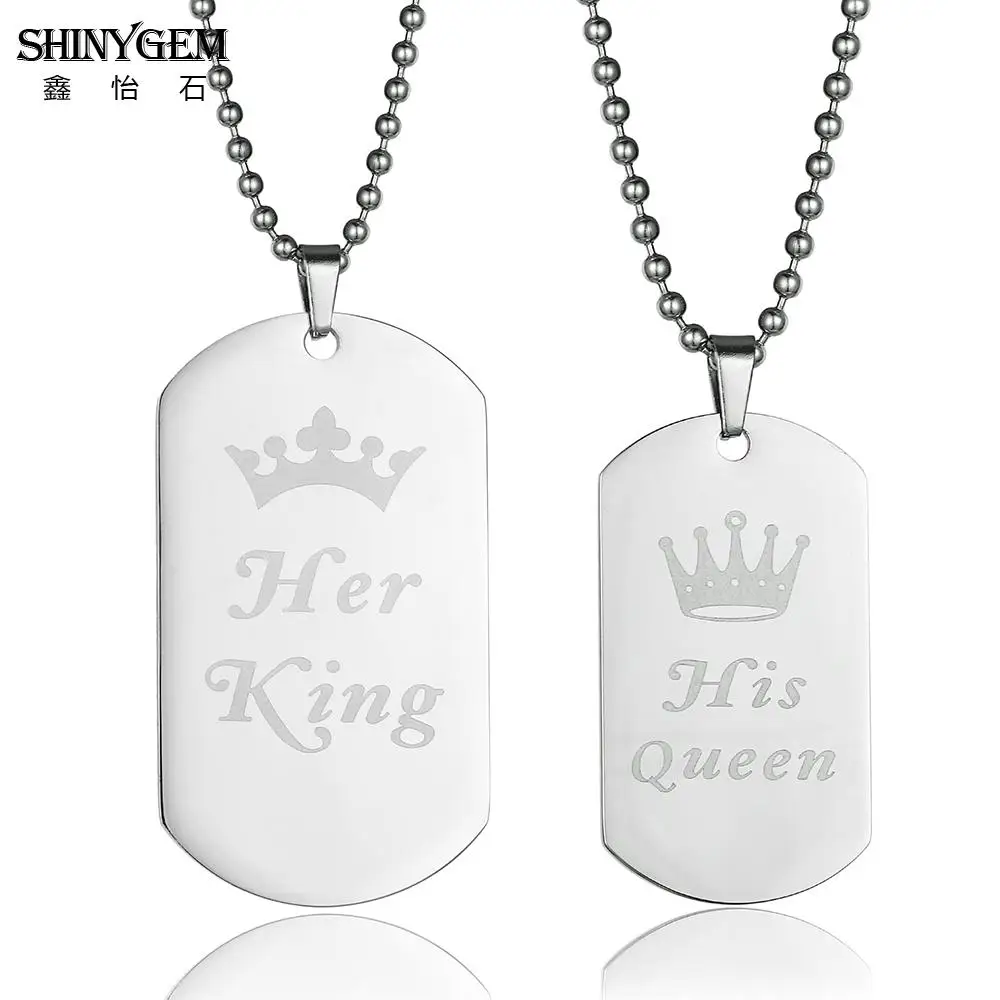 

ShinyGem Stainless Steel Tag Necklace Laser Engrave His Queen Her King Pendant Necklaces Romantic Couple Necklaces For Women Men