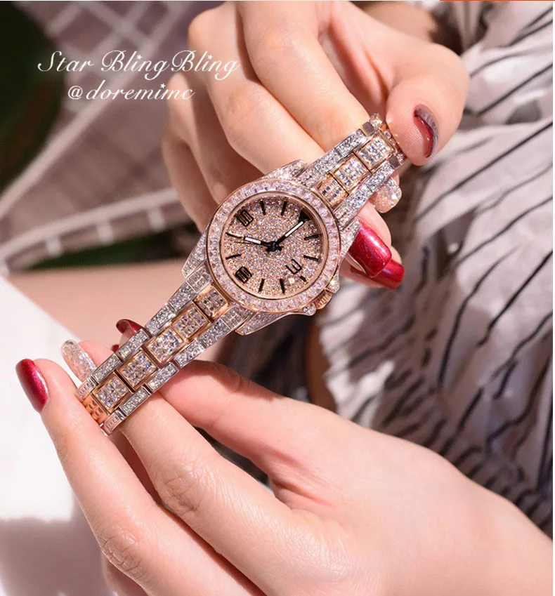Хит, модные золотые женские часы с бриллиантами, топ класса люкс, популярные женские кварцевые часы, полностью Стразы, циферблат, часы