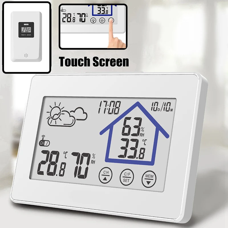 

LED Digital Clock Touchscreen Weather Station Thermometer Indoor Outdoor Sensor Transmitter Temperature Humidity Wall Clock Desk