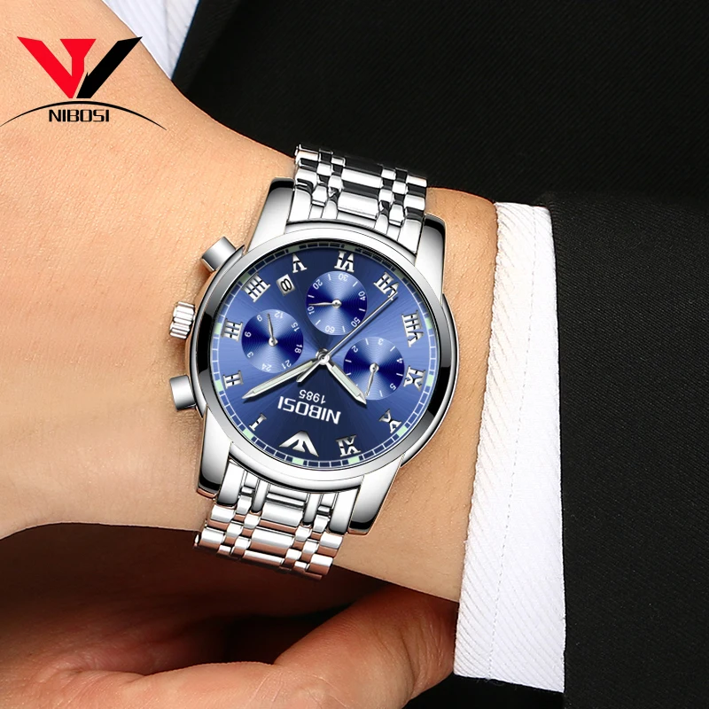 Relojes Hombre 2018 NIBOSI синие часы Лидирующий бренд роскошные стальные водонепроницаемые