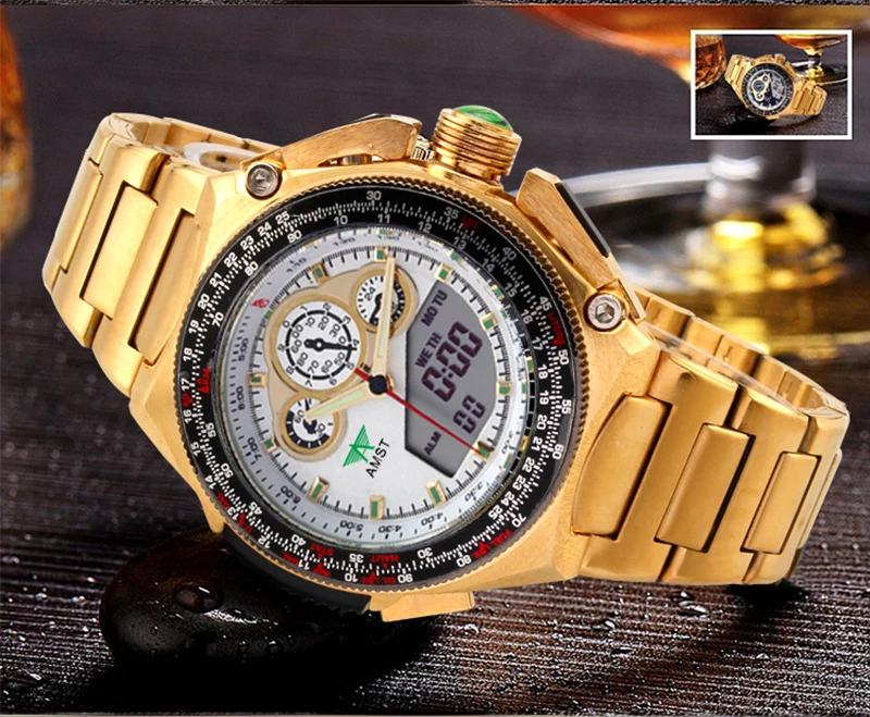 Роскошные Брендовые мужские часы AMST новые модные золотые наручные часы Цифровые кварцевые часы с двойным дисплеем мужские спортивные водонепроницаемые часы