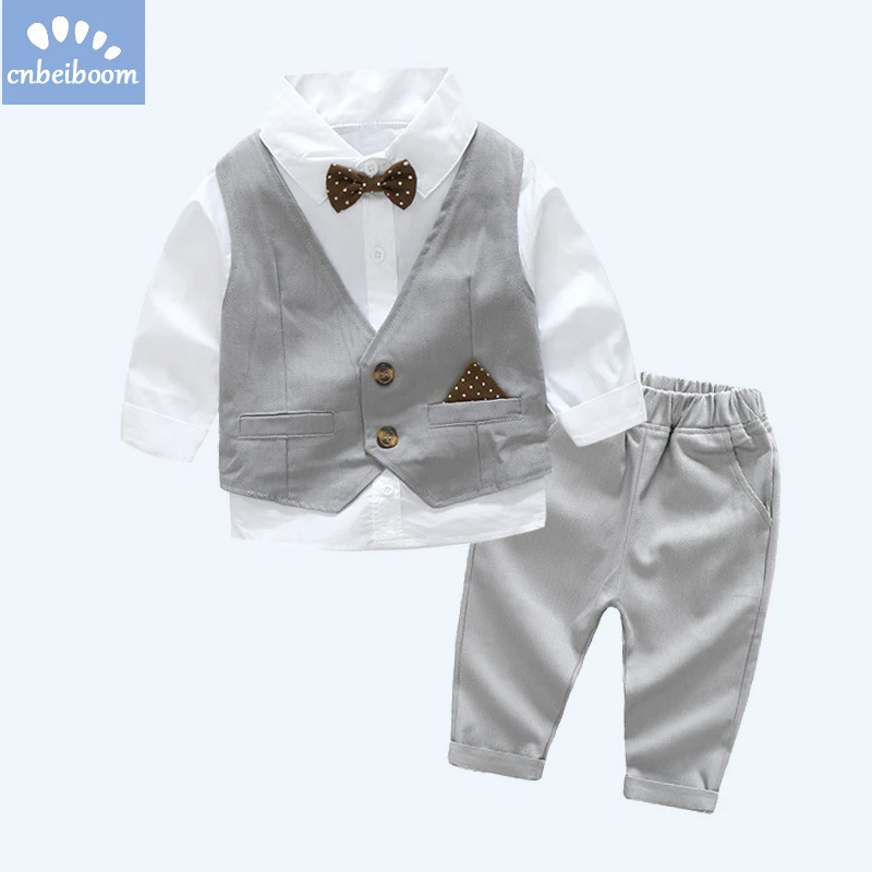 Boys Clothing Sets 2018 Autumn Gentleman Cotton gray Prints Vest+Shirts