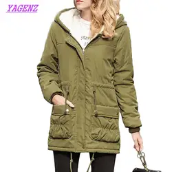 Для женщин парки армия зеленый верхняя одежда с капюшоном средней длины Стиль теплые зимние пальто Повседневное Шерсть Топы Регулируемая