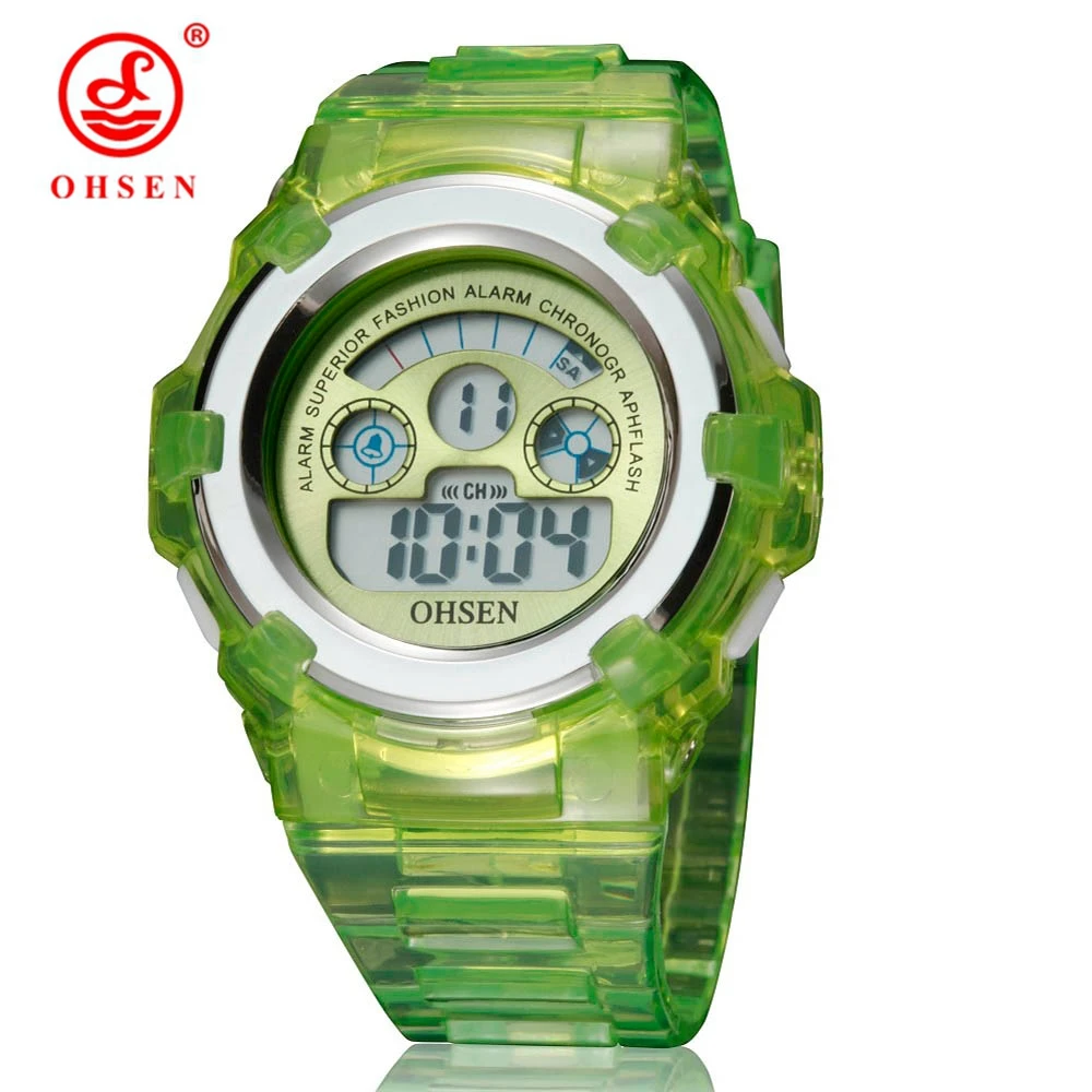 OHSEN цифровые спортивные детские наручные часы для мальчиков с зеленым силиконовым ремешком 30 м Водонепроницаемый модный светодиодный часы для девочек