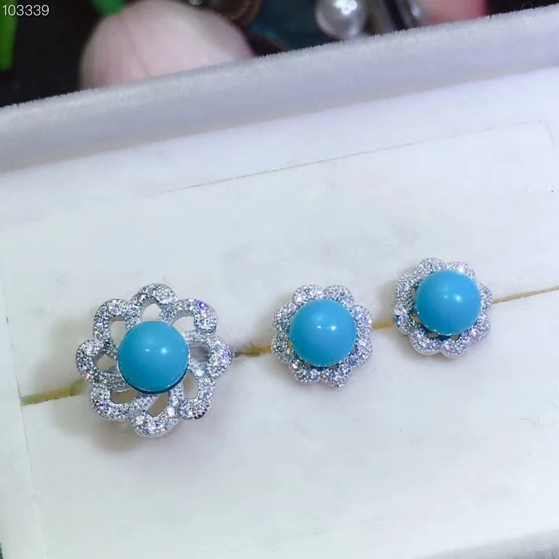 elegant blue turquoise ring and stud earrings jewelry set women ornament 925 Sterling silver fine jewelry round natural gem gift