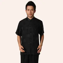 Черный китайский Для мужчин шелк рубашка с принтом кунг-фу тай-чи рубашка Повседневное короткий рукав летние топы M, L, XL, XXL, XXXL MN066