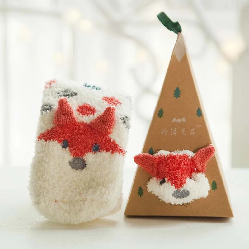 Рождественские носки для женщин, зимний подарок, 3D дизайн, пушистый бархат кораллового цвета, толстый, полотенце, пол/носок для сна, высокая Подарочная коробка, 5 пар - Цвет: white fox