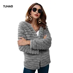 TUHAO 2018 весна осень искусственный мех пальто женский полосатый v-образный вырез искусственный кроличий мех куртка повседневные Топы Верхняя