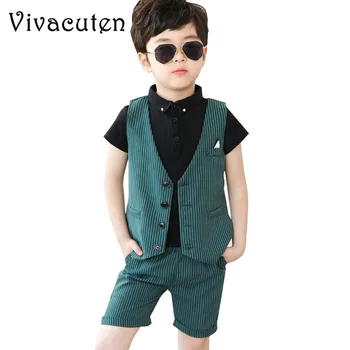 

Summer Wedding Party Suit for Boys Fashion Children Striped Waistcoat Shirts Shorts Toddler Kids Tuxedo Prom Suit Outfits F195