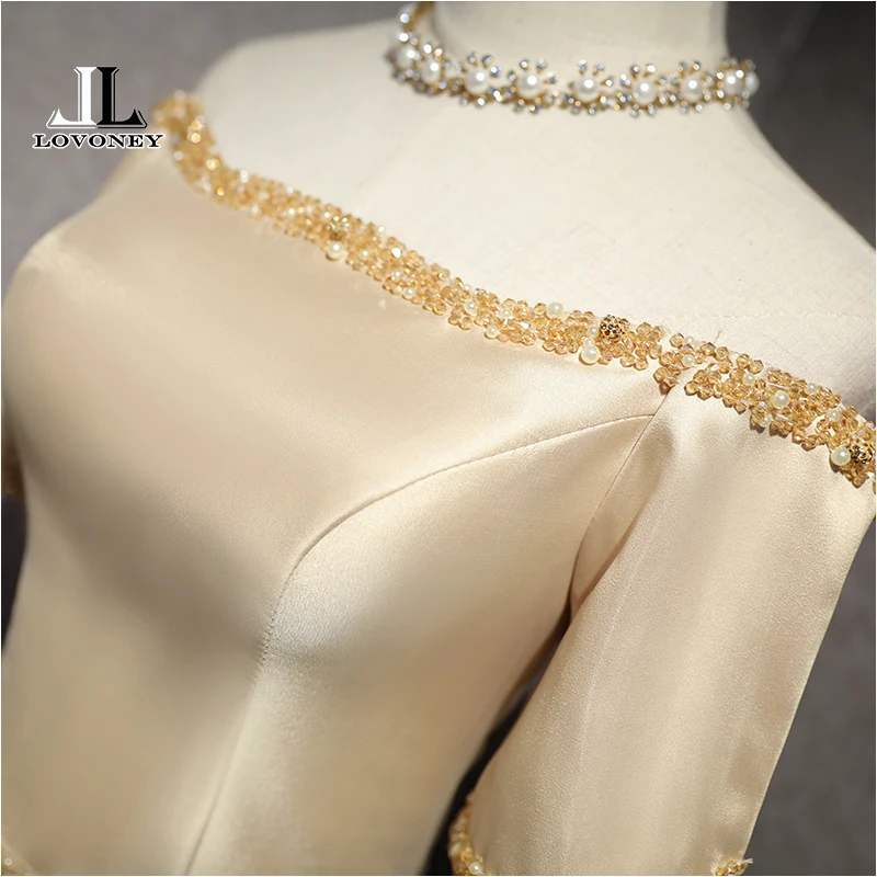 LOVONEY Elegant Beading Evening Dresses Long Boat Neck Short Sleeve Satin Formal Party Dress Evening Gown Robe De Soiree XYG703