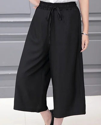 Summer Cropped Harem Pants Women Solid Color Loose Wide Leg Pants Women Pleasted With Pockets Elastic Waist Black Casual Capris grey sweatpants Pants & Capris