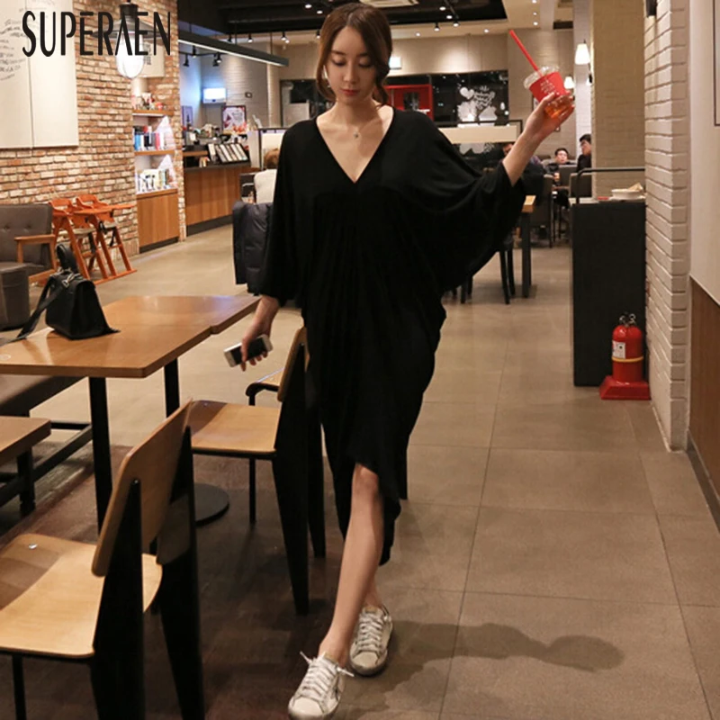 SuperAen весеннее и летнее Новое Женское платье в Корейском стиле, однотонное хлопковое Повседневное платье, женские свободные платья больших размеров