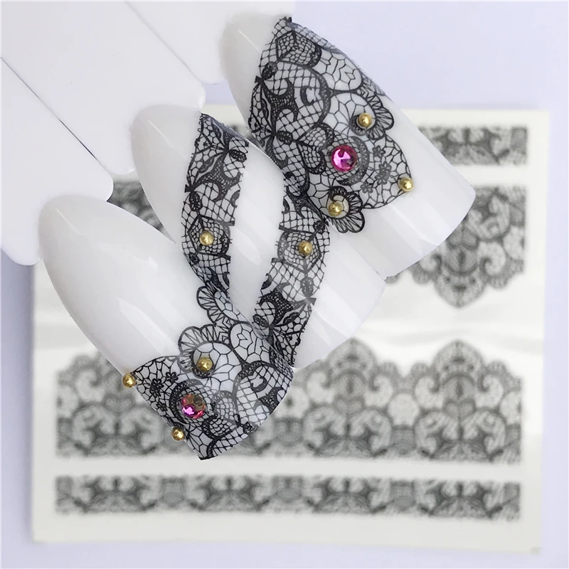 WUF ногти переводные наклейки для ногтей переводные наклейки черные кружевные цветы дизайн сделай сам Французский маникюр Фольга Штамп Инструменты