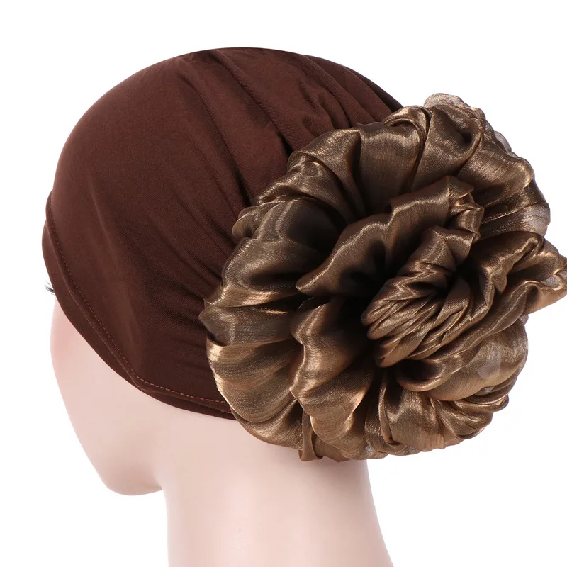 Сплошной цвет большой цветок эластичный головной убор шапка после химиотерапии шапка для женщин мусульманский тюрбан головные уборы аксессуары для волос - Цвет: Coffee