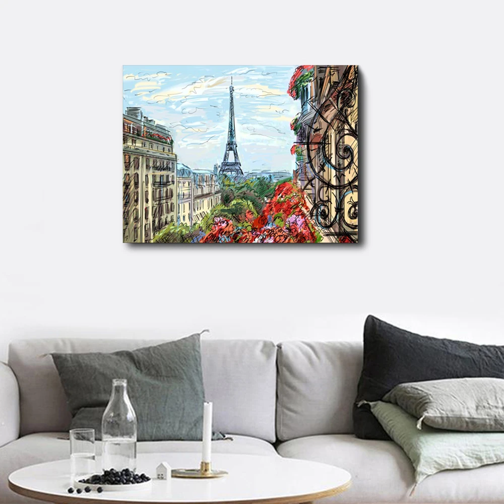 Hand Drawn Eiffels Tower Decor Canvas Painting Calligraphy Picture For Coffee House Living Room Home Decor Artwork Wall No Frame