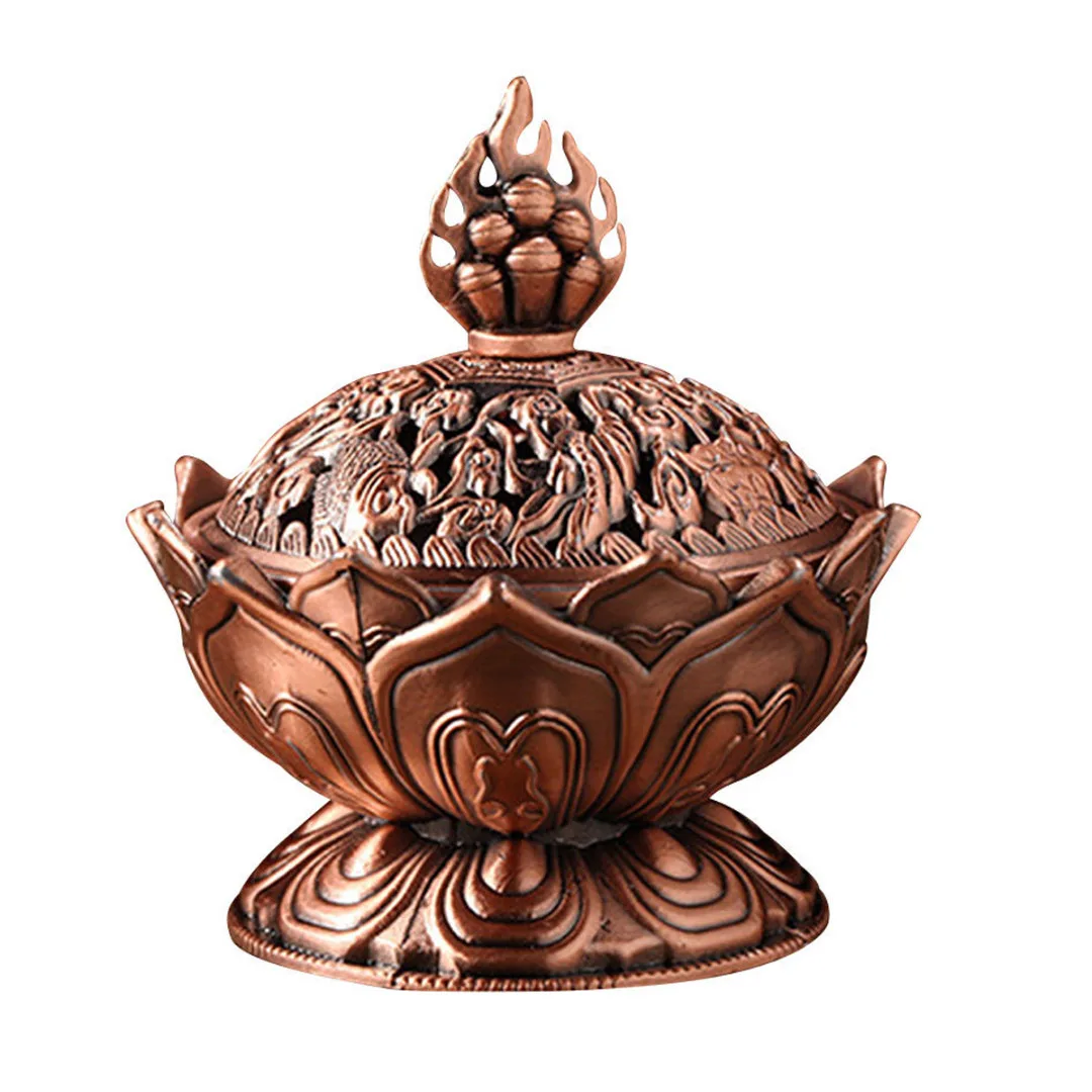 JX-LCLYL Alloy Chinese Lotus Hollow Cover Incense Burner Aromatherapy Censer Cone Holder