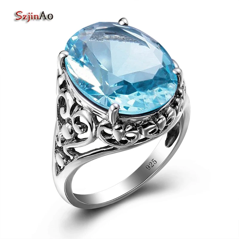

Szjinao Vintage Big Rings Patriots Ring Blue Stone Aquamarine 925 Sterling Silver Wedding Rings For Women Wholesale Custom