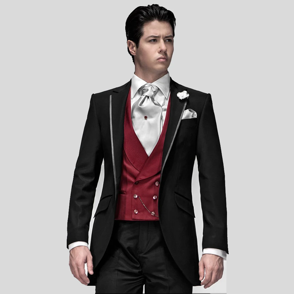 Индивидуальный заказ смокинг жениха, заказ черные костюмы с серебристо-серый с лацканами планки, темно-красный жилет, индивидуальные