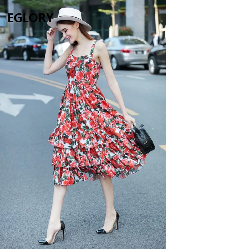 

Marriage Women's Dresses Summer Wedding Lady Spaghetti Strap Rose Flower Print Large Swing Midi Sexy Beach Wedding Vestidos