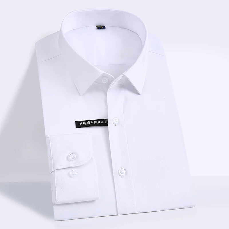 Acheter Homme Facile D entretien De Fibre De Bambou Solide Robe Chemises Confortable Doux Élastique à Manches Longues Sans Repassage Homme coupe Classique formel Tops Chemise