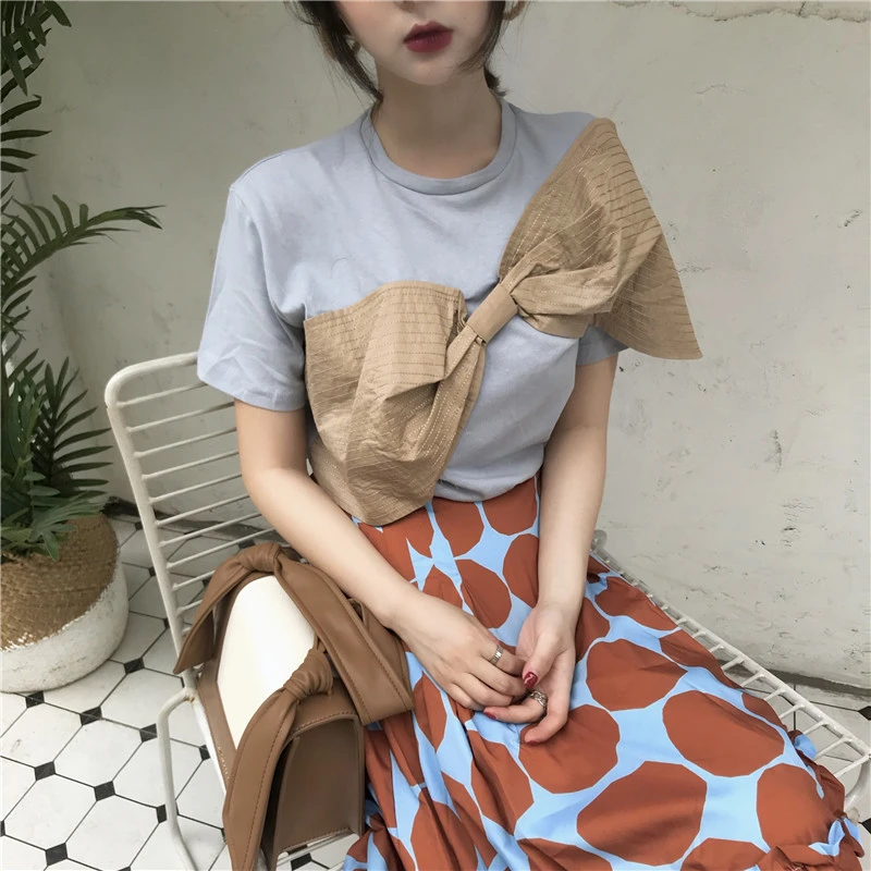 

HziriP 2018 New Women T Shirt O-neck Casual Sweet Short Sleeve Loose T-shirt Big Bow Three-Dimensional Tee Tops Female Cotton