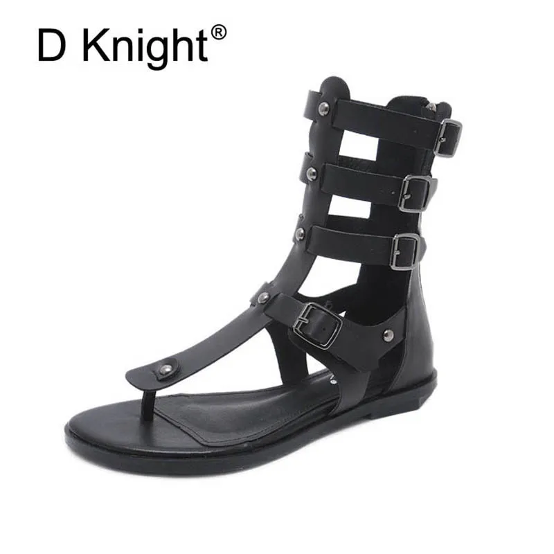 Leather Women Studded Sandals Summer Black Gladiator Flat Sandals Roman Flat Heel Flip Flop Buckle Strap Casual Lady Women Shoes