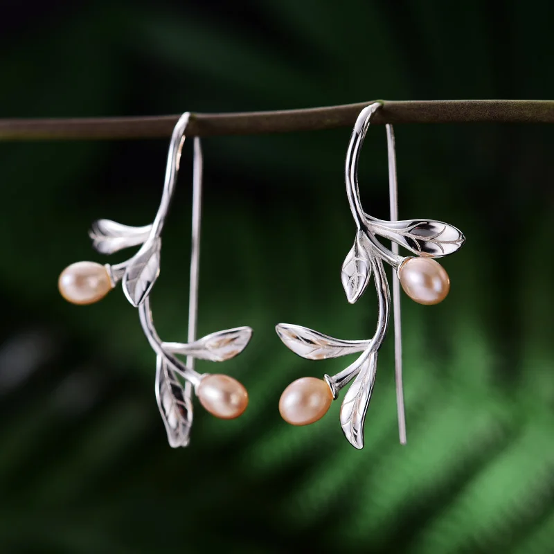 Lotus весело момент Настоящее стерлингового серебра 925 натуральный пресноводный жемчуг Модные украшения капли воды из листьев серьги для Для женщин - Окраска металла: Silvery-Pink Pearl