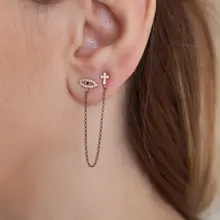 925 серебро цепи кисточкой двойной уха отверстие шпильки Модные женские CZ Крест сглаза длинные цепочки Серебряные Серьги