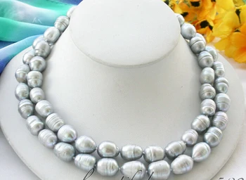 

FREE SHIPPING * 2row 15mm rice Screw gray freshwater cultured pearl NECKLACE AAA