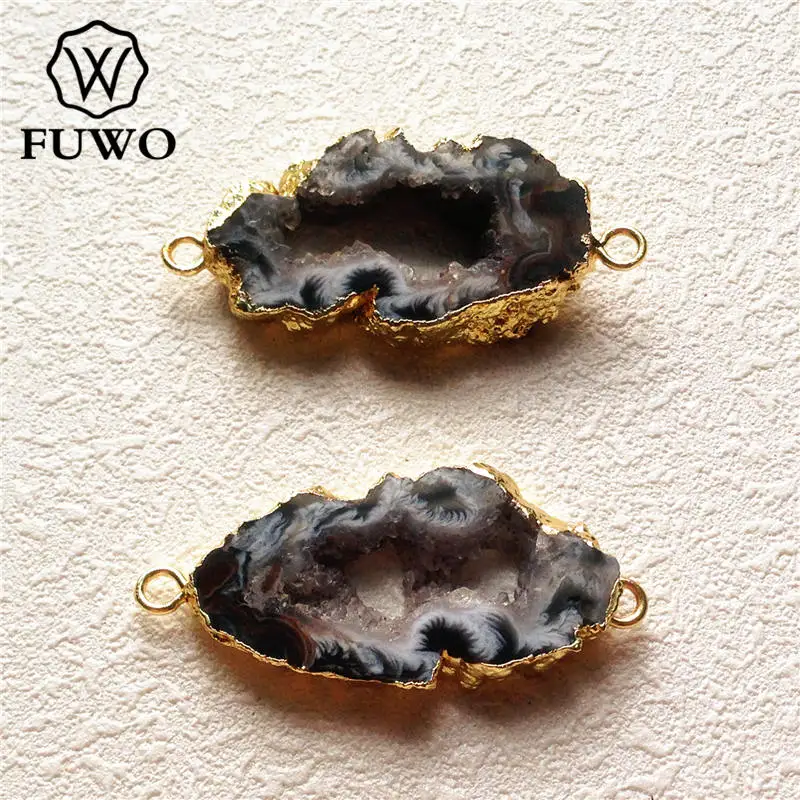 FUWO фрагмент жеоды Connector 24k Gold Electroplate Edge Black Gray друзовый кварц двойные подвески