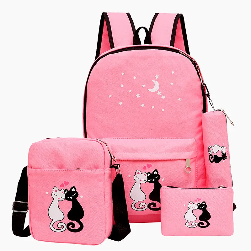 4 шт./компл. рюкзак школьные рюкзаки для девочек Кот Печать холст детский школьный рюкзак для подростков девочек консервативный рюкзак милый рюкзак