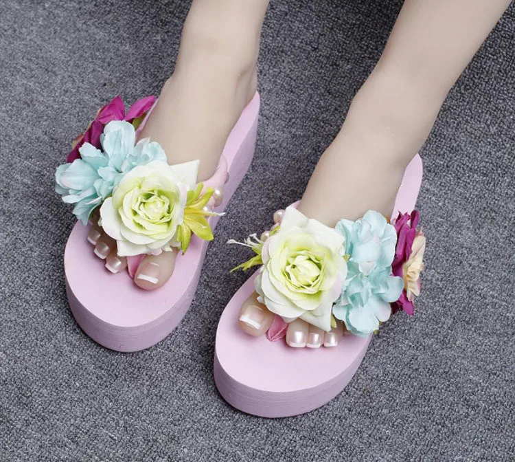 2019 New Flowers Beach Handmade Flip Flops Slippers Online Fashion High Heel Sandals Pink Shoes Womens54