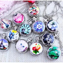 Новая мода леди девочка ребенок женщины зеркало красочные Париж Эйфелева башня цветок бабочка кошка картина карманные часы ожерелье