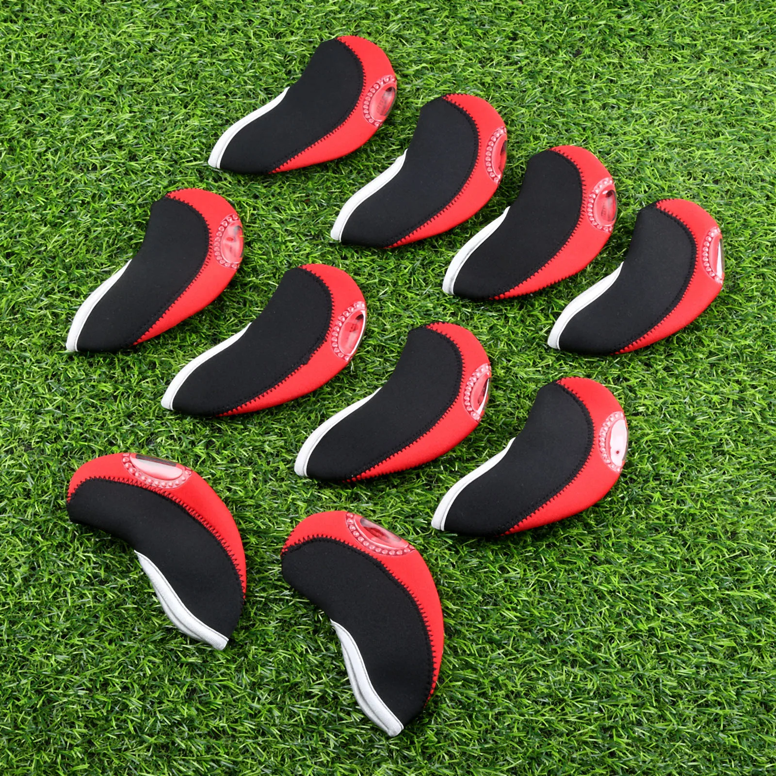 10 قطع الأحمر النيوبرين نادي الغولف رئيس اغلفة إسفين الحديد headcovers نادي الغولف غطاء الرأس مع نافذة شفافة تصميم واقية
