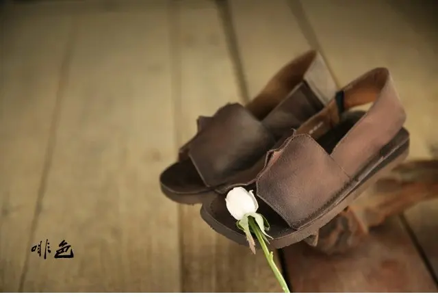 Женские кожаные сандалии Летняя обувь на низком каблуке женские сандалии из натуральной кожи кофейного цвета с мягкой подошвой; обувь ручной работы в стиле ретро; сандалии