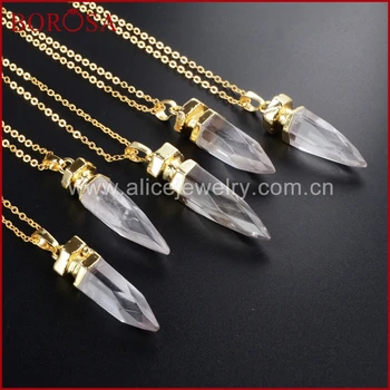 

BOROSA Handmade Drusy Pendant Necklace,Gold Color Natural White Quartz Faceted Point Pendant Bead Necklace WX015-N