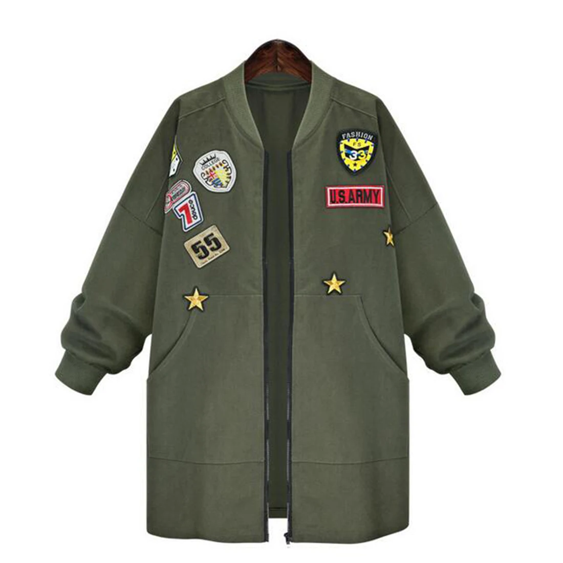 Autumn Winter Casual Long Coat font b Women b font Badges Army Green Black Loose Long