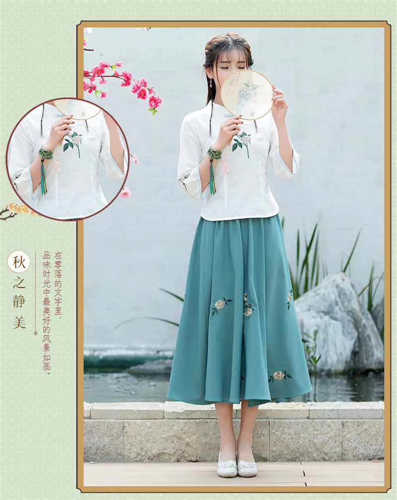 Женский китайский стиль, летняя блузка с вышивкой и воротником-стойкой, хлопковый льняной топ с рукавом три четверти