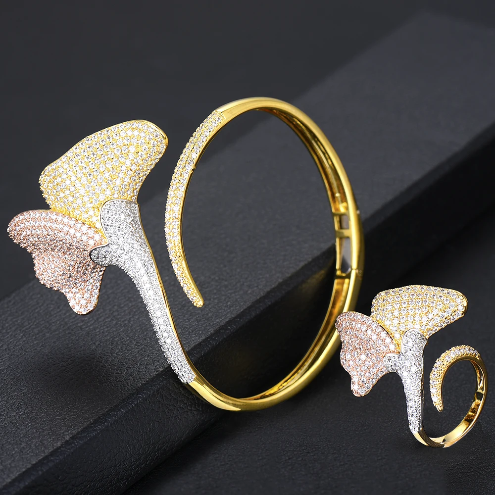 

GODKI Luxury Lotus Flower African Bangle Ring Set Jewelry Set For Women Wedding Cubic Zircon Crystal CZ Dubai Bridal Jewelry Set