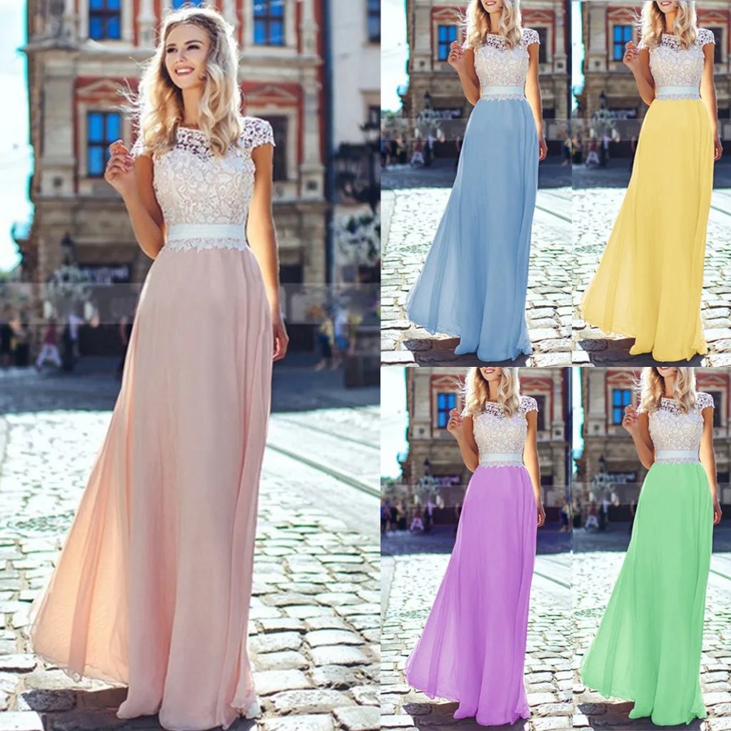 

Women fashion Dresses Sexy Women Lace Chiffon Patchwork Bandage Boho Evening Party Long Dress