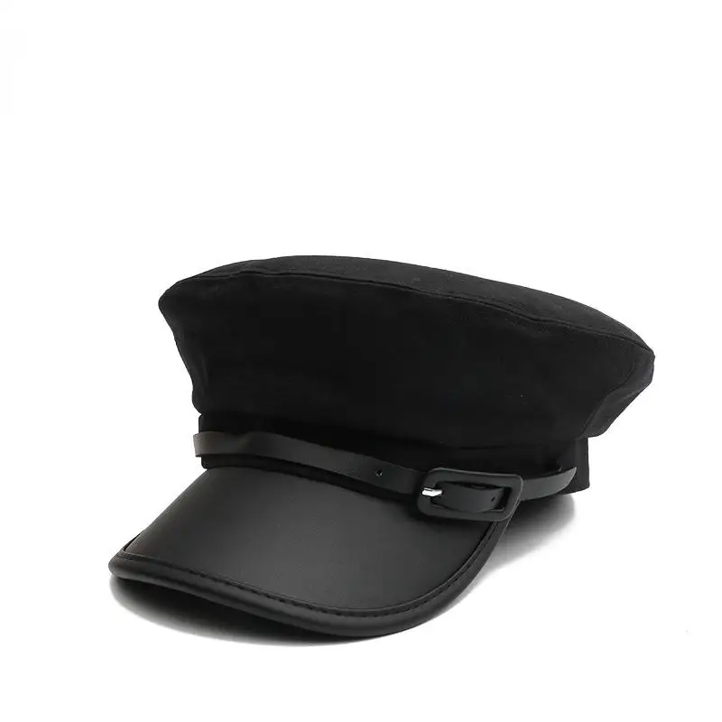 COKK Корейская Кепка с плоским верхом, Модные Военные шапки для мужчин и женщин, хлопковая восьмиугольная кепка для женщин из искусственной кожи, Черная кепка с полями, новинка - Цвет: Black