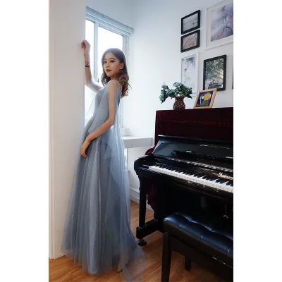 Это YiiYa, вечернее платье, летнее, сексуальное, на бретельках, без рукавов, вечерние, элегантное, Формальное, длинное платье, Robe de soiree E001 - Цвет: Gray Blue