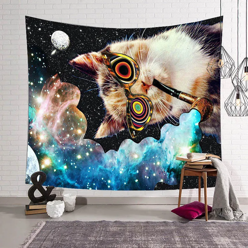 Fantasy starry sky Galaxy Black Hole Cat Hanging Wall Tapestry Hippie Retro Home Decor Yoga Beach Mat Carpet 150x130cm 200x150cm