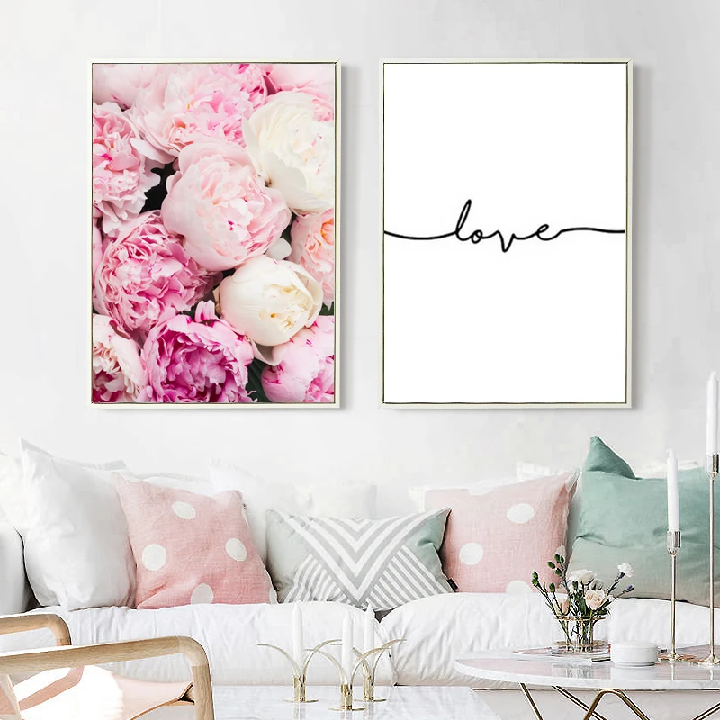

Scandinavian Flower Canvas Wall Art Painting Prints Pink Floral Poster Love Quotes Decoration Picture Modern Home Decor Unframed