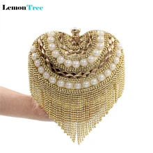 Heart shaped rhinestones gold clutch purses vintage beaded evening bags women tassel diamond handbag wedding bridal mochila CTT6