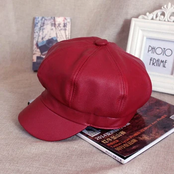 

HT1368 Plain Leather Beret Caps Men Women Vintage Artist Painter Octagonal Newsboy Caps Solid Autumn Winter Hats Black Red Grey