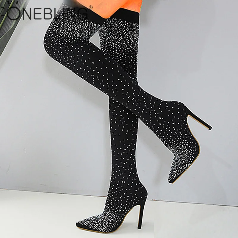 

OneBling Plus Size 2019 Crystal Stretch Fabric Tight High Heels Boots Pointed Toe Thin Heel Over The Knee Women Sock Boots
