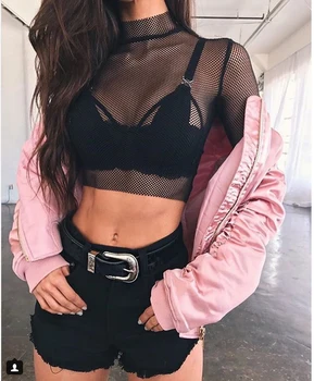 

Women's Fish Net Details High collar Long Sleeve Ladies See Through Black O-Neck Blouses