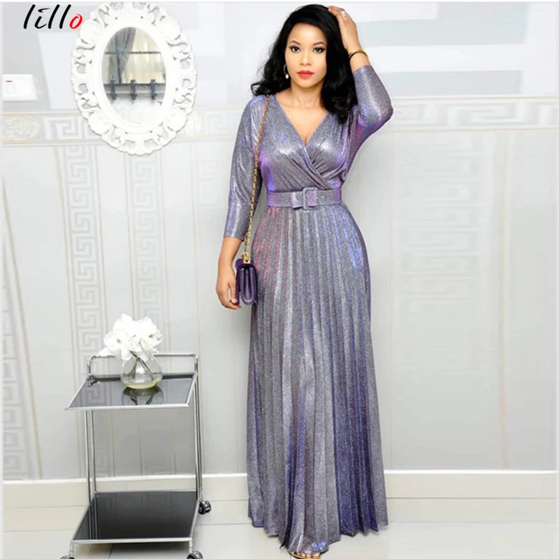 

Floor-Length Party Dress OL Commuter Pure Solid Color Belt African Women Summer Fall Club Dress Hot Gold Pleated Large Swing Dre